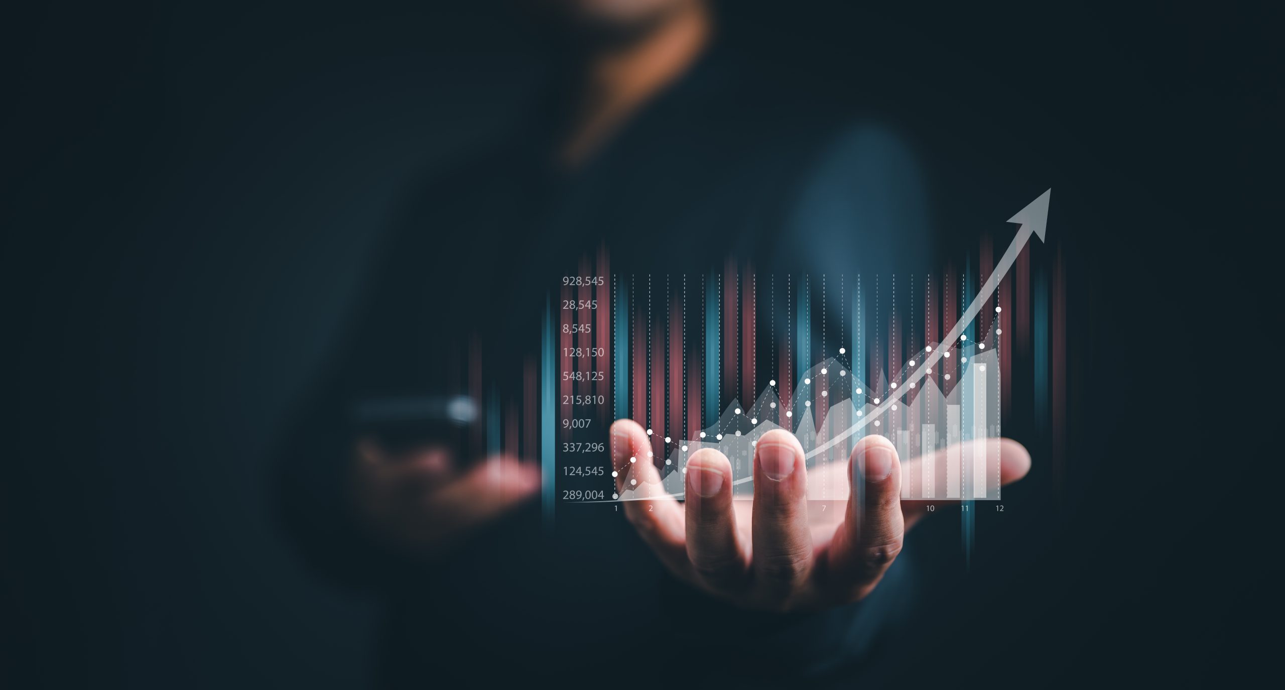 planning and strategy, Stock market, Business growth, progress or success concept. Businessman or trader is showing a growing virtual hologram stock, invest in trading.